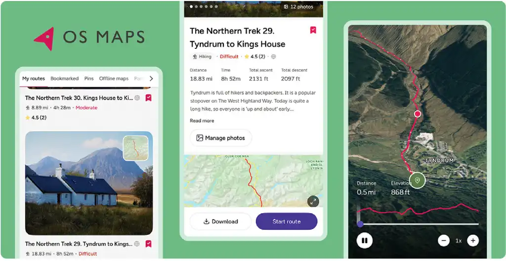 Screenshots from the OS Maps App
